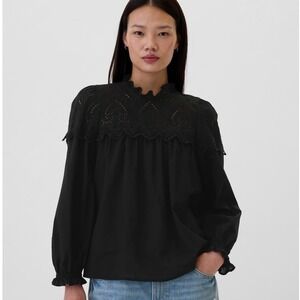 GAP / Black Cotton Eyelet Romantic Boho Puff Sleeve Top / Size Large‎